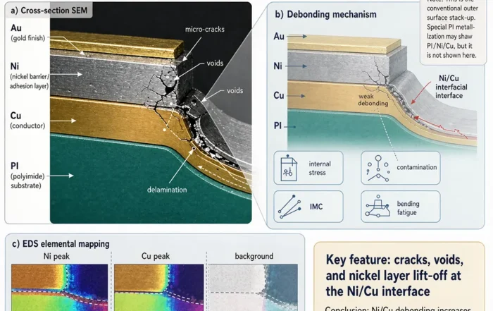 Nickel–copper adhesion failure in flexible PCBs