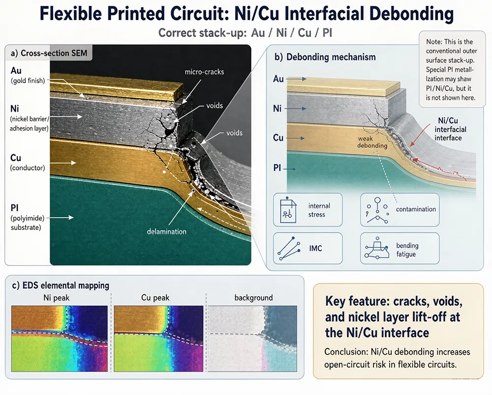 Nickel–copper adhesion failure in flexible PCBs